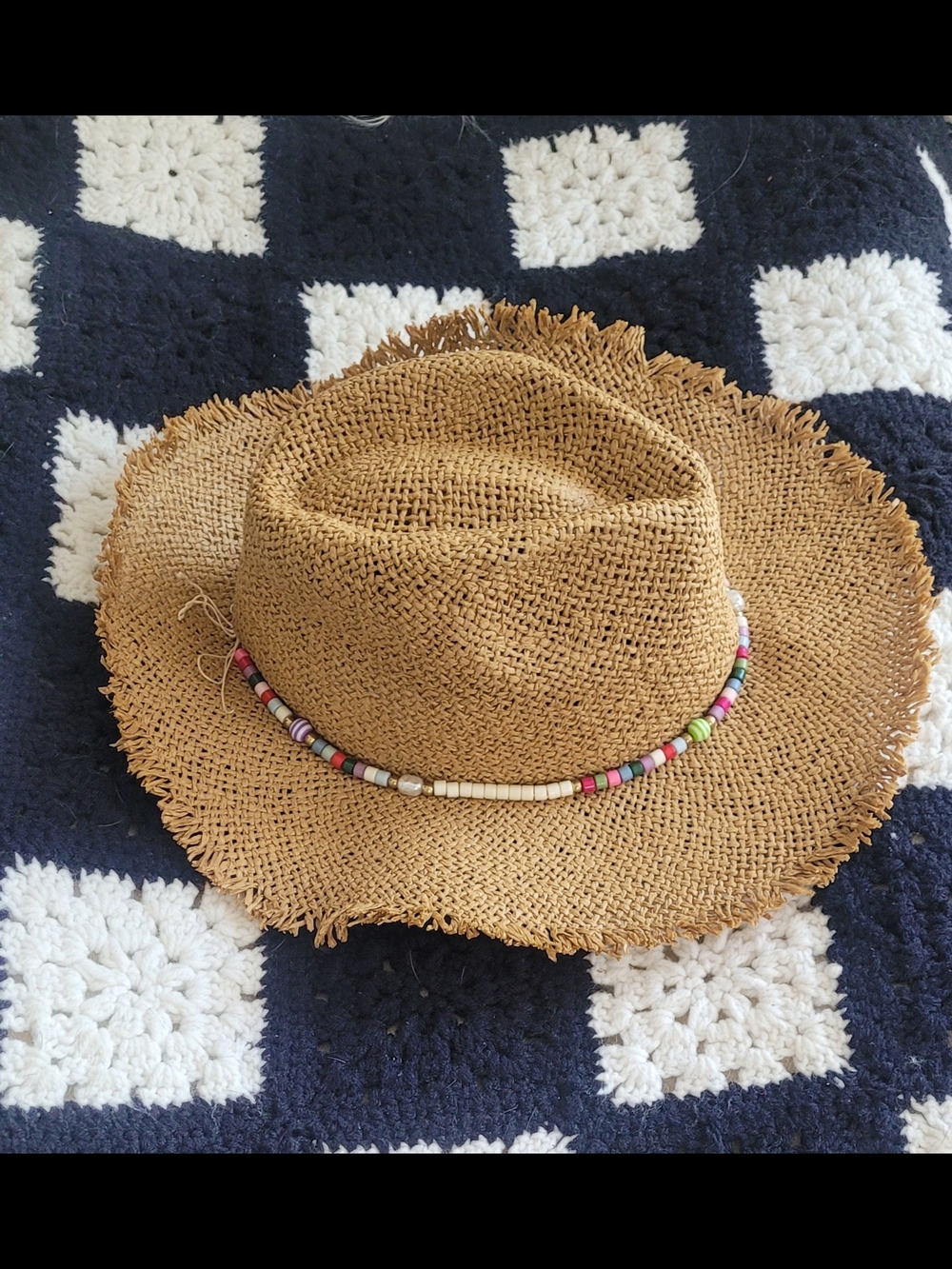 Women's Tan Straw Fedora Hat with Colorful Bead Band